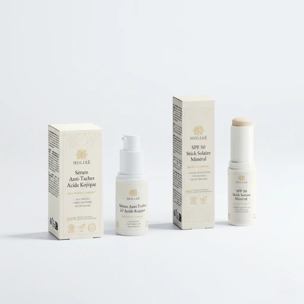 Duo de soins visage anti-taches pour améliorer l’uniformité du teint, composé d’un sérum ciblé et d’un soin protecteur.