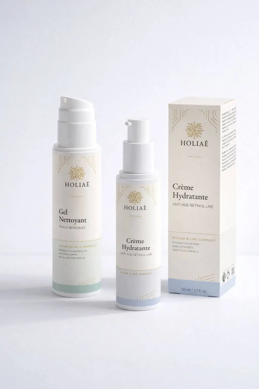 Duo de soins visage pour imperfections, pores dilatés et excès de sébum, avec nettoyant et crème hydratante en pack skincare.