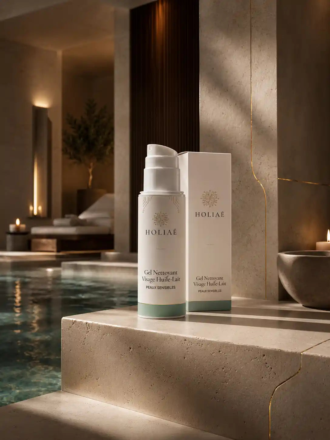 Gel Nettoyant Visage Peaux Sensibles Huile-Lait HOLIAĒ dans une mise en scène spa