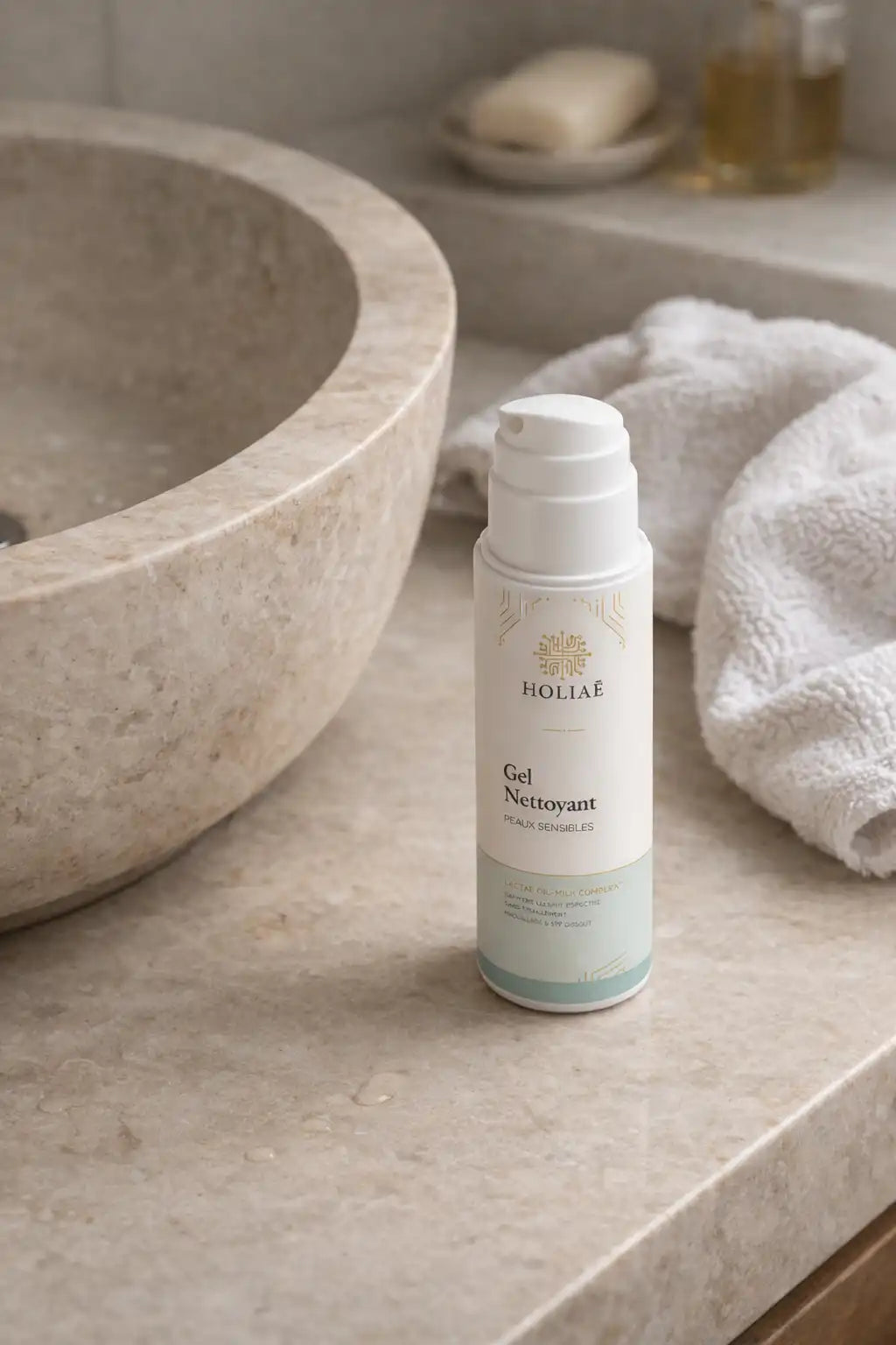 Gel nettoyant visage peaux sensibles dans une salle de bain routine skincare naturelle