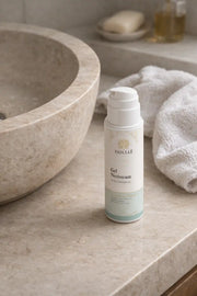 Gel nettoyant visage peaux sensibles dans une salle de bain routine skincare naturelle