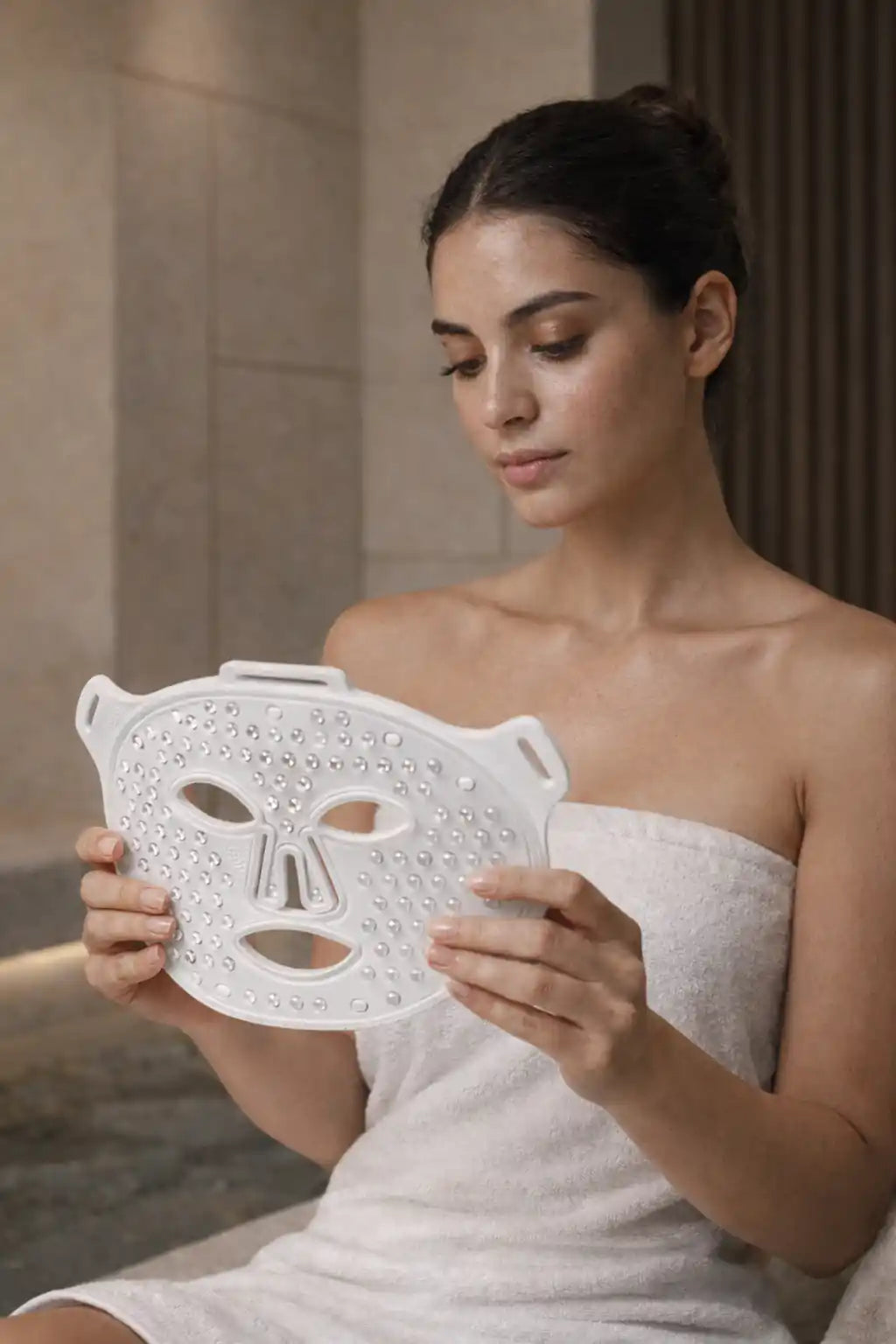 Utilisation à domicile : femme tenant le masque LED visage Holiaē RĒ:GEN I, rituel bien-être avec bougie et thé.
