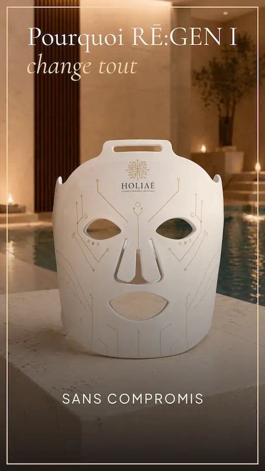 Masque LED Holiaē RE:GEN I posé sur un socle en pierre dans un spa de luxe, illustrant un rituel skincare haute performance sans compromis.