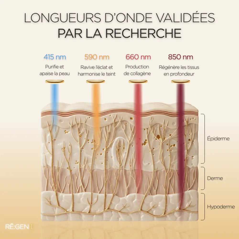 Schéma des 4 longueurs d’onde du masque LED Holiaē RĒ:GEN I : 415 nm bleu, 590 nm jaune, 660 nm rouge et 850 nm infrarouge, validées par la recherche.