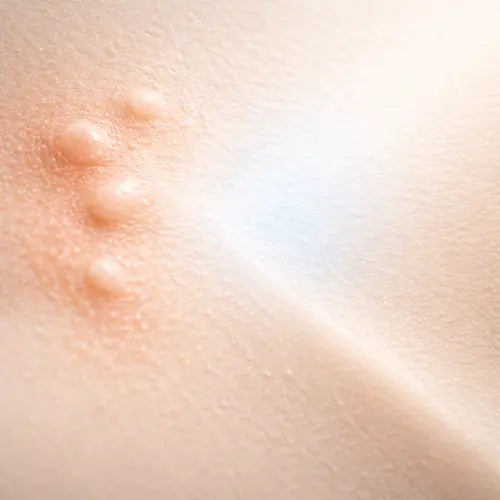 Texture de peau présentant des imperfections illustrant l’effet d’un masque LED acné à lumière bleue et rouge pour purifier et régénérer la peau.