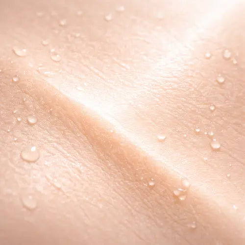 Texture de peau lisse et hydratée représentant l’entretien global avec un masque LED visage en séquence multi-spectres.