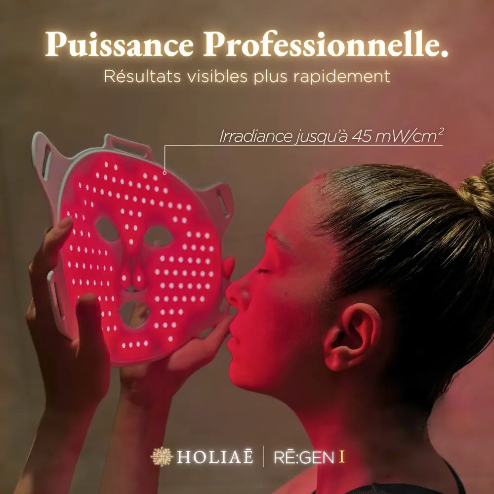 Masque LED Holiaē RĒ:GEN I utilisé en lumière rouge, puissance jusqu’à 45 mW/cm² pour des résultats visibles plus rapidement.
