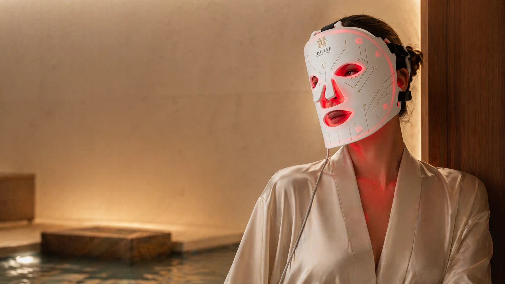 Masque LED Holiaē RĒ:GEN I posé aux côtés des soins bio-intelligents et biomimétiques dans une ambiance spa chaude et luxueuse