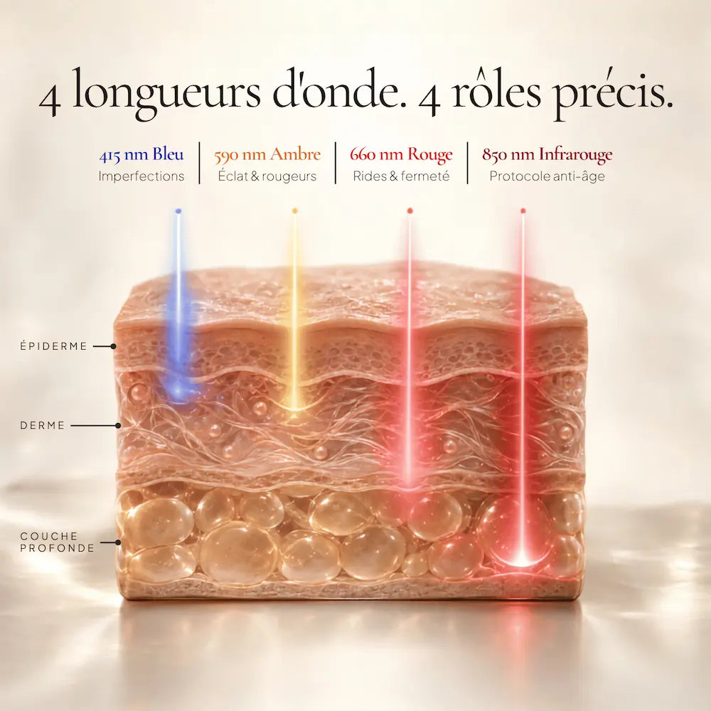 Schéma des 4 longueurs d’onde du RĒ:GEN I : 415, 590, 660 et 850 nm