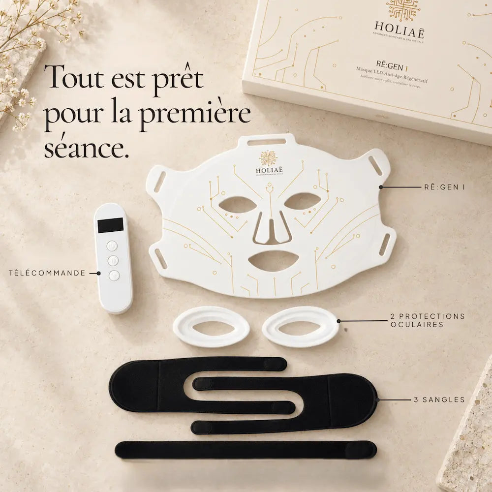 Contenu du coffret RĒ:GEN I : masque LED, télécommande, protections oculaires et 3 sangles