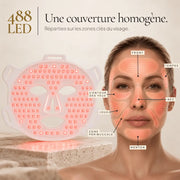 Couverture du visage par les 488 LED du masque RĒ:GEN I, avec zones front, tempes, joues, nez et menton