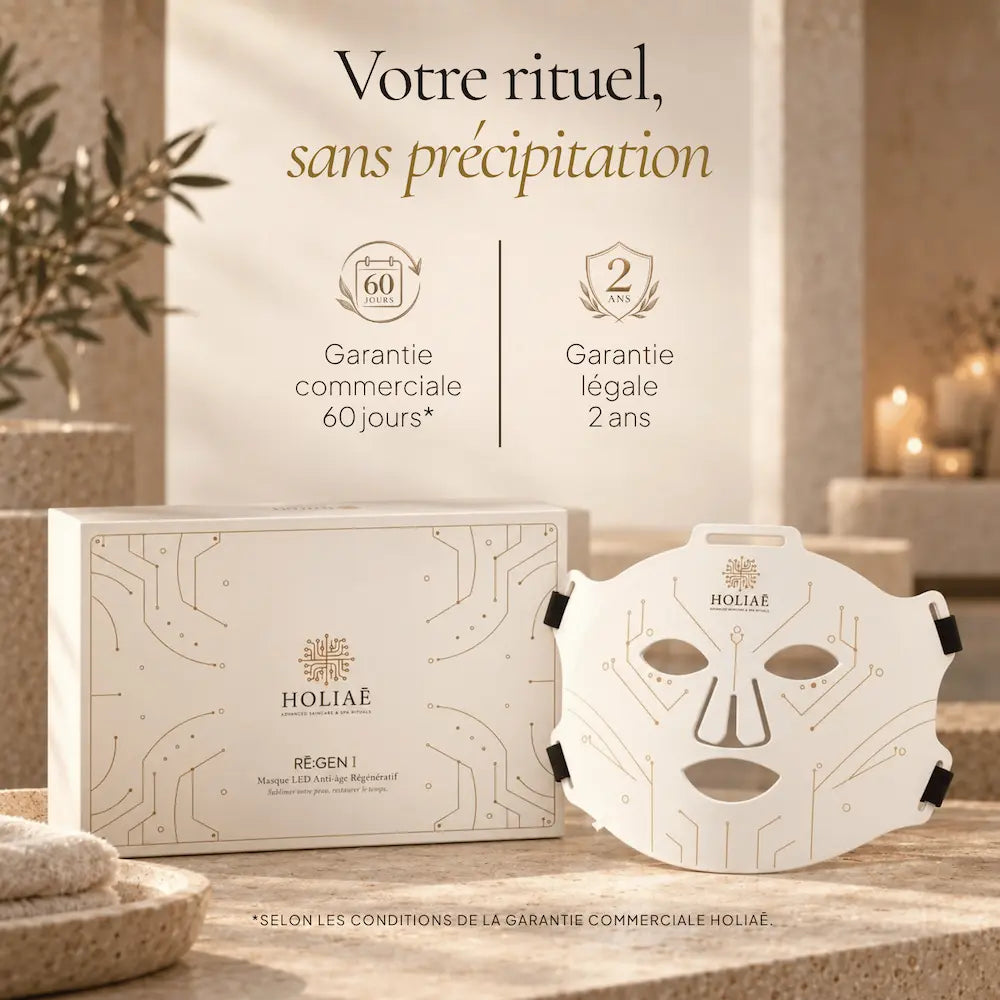 Masque LED RĒ:GEN I et coffret HOLIAĒ avec garantie commerciale 60 jours et garantie légale 2 ans