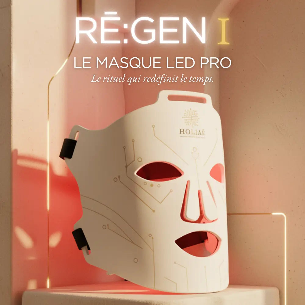 Masque LED RE:GEN I Holiaē posé sur un socle, éclairage rouge et décor spa premium, rituel anti-âge régénératif.