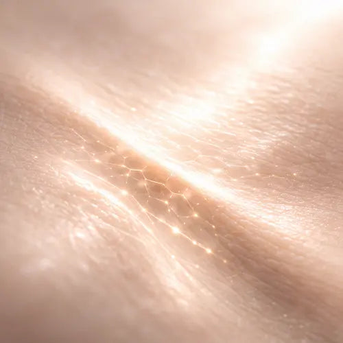 Texture de peau lumineuse avec réseau subtil illustrant la régénération cutanée et la fermeté soutenues par un masque LED visage lumière rouge 660 nm.