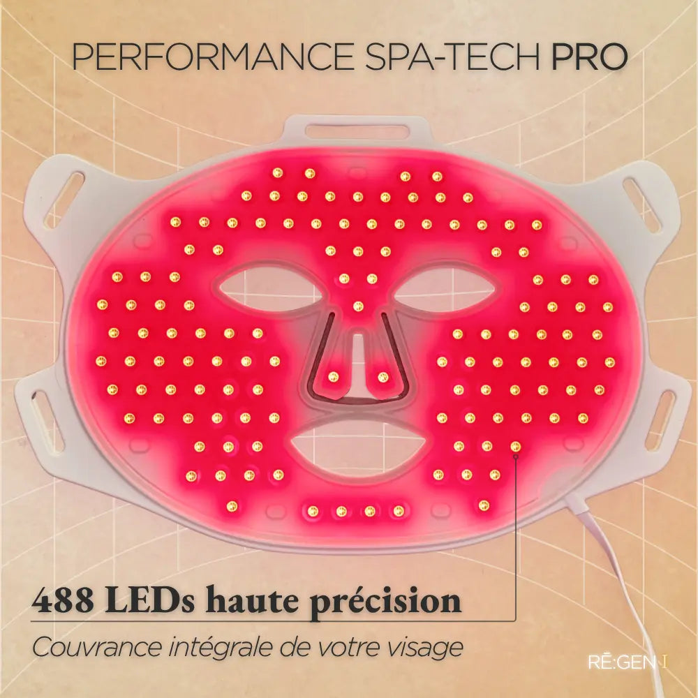 Masque LED Holiaē RĒ:GEN I activé en lumière rouge, 488 LED haute précision pour une couverture complète du visage.