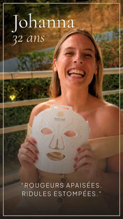 Masque LED visage Holiaē RE:GEN utilisé par une femme de 32 ans pour atténuer les rougeurs et lisser les rides