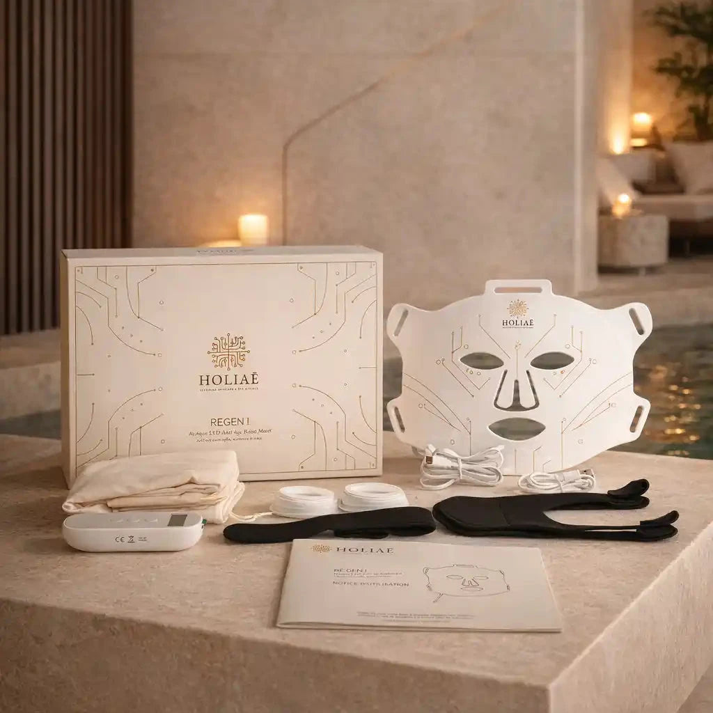 Masque LED visage Holiaē kit complet soin visage anti âge et éclat