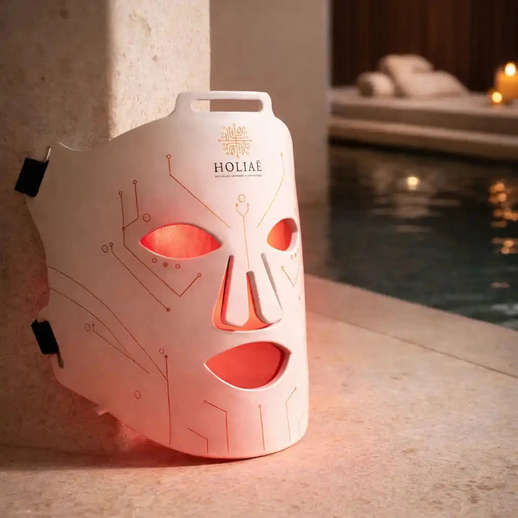 Masque LED visage dans un spa luxueux pour soin anti âge et relaxation