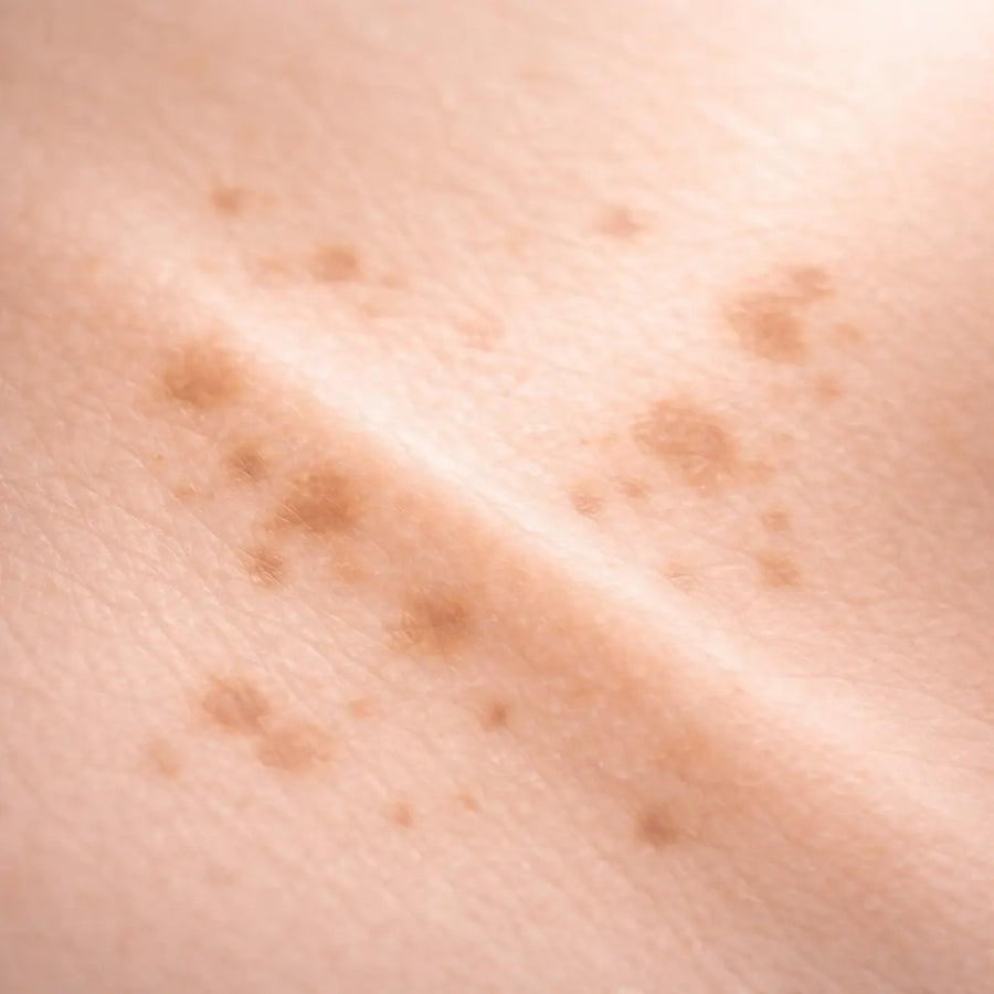 Peau avec taches pigmentaires brunes illustrant l’hyperpigmentation et l’irrégularité du teint