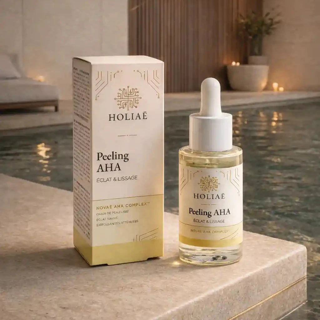 Peeling AHA Holiaē dans un spa luxe soin visage éclat et lissage