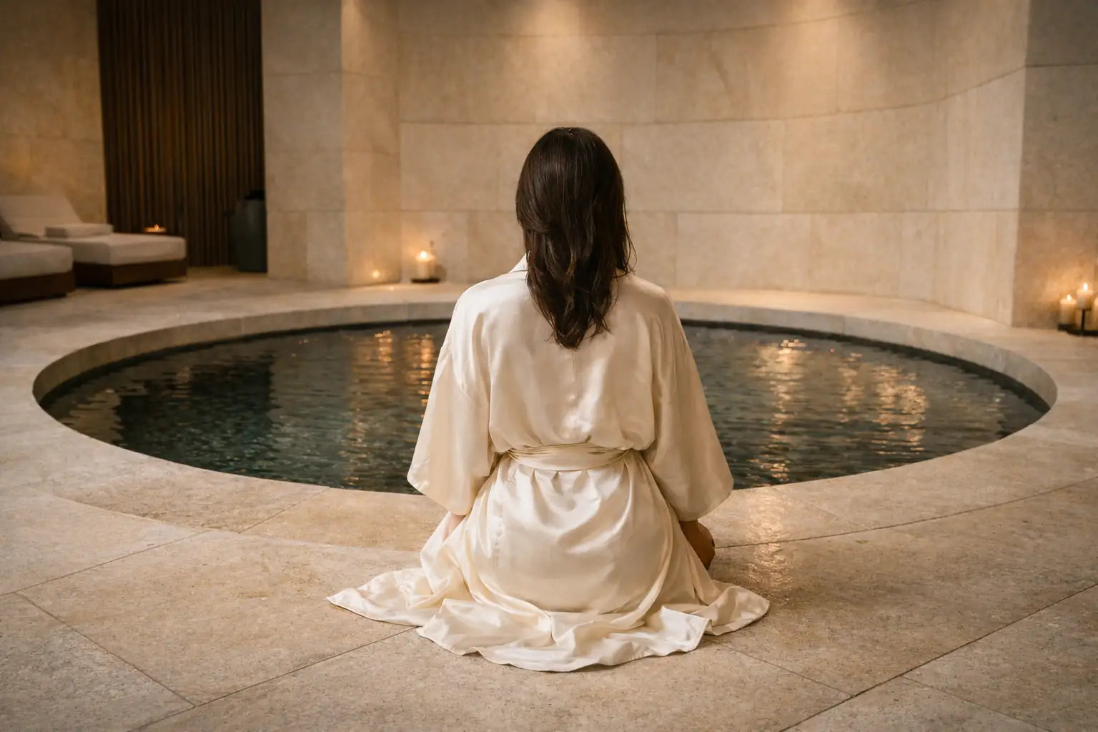 Femme en peignoir face à un bassin de vapeur dans une salle éclairée de lumière dorée, illustrant l’univers spa-tech et régénérant de Holiaē.