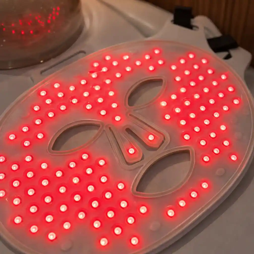 Femme massant sa peau après une séance avec le masque LED Holiaē RĒ:GEN I, incarnant l’engagement Holiaē pour une beauté naturelle, non clinique et radicalement efficace.