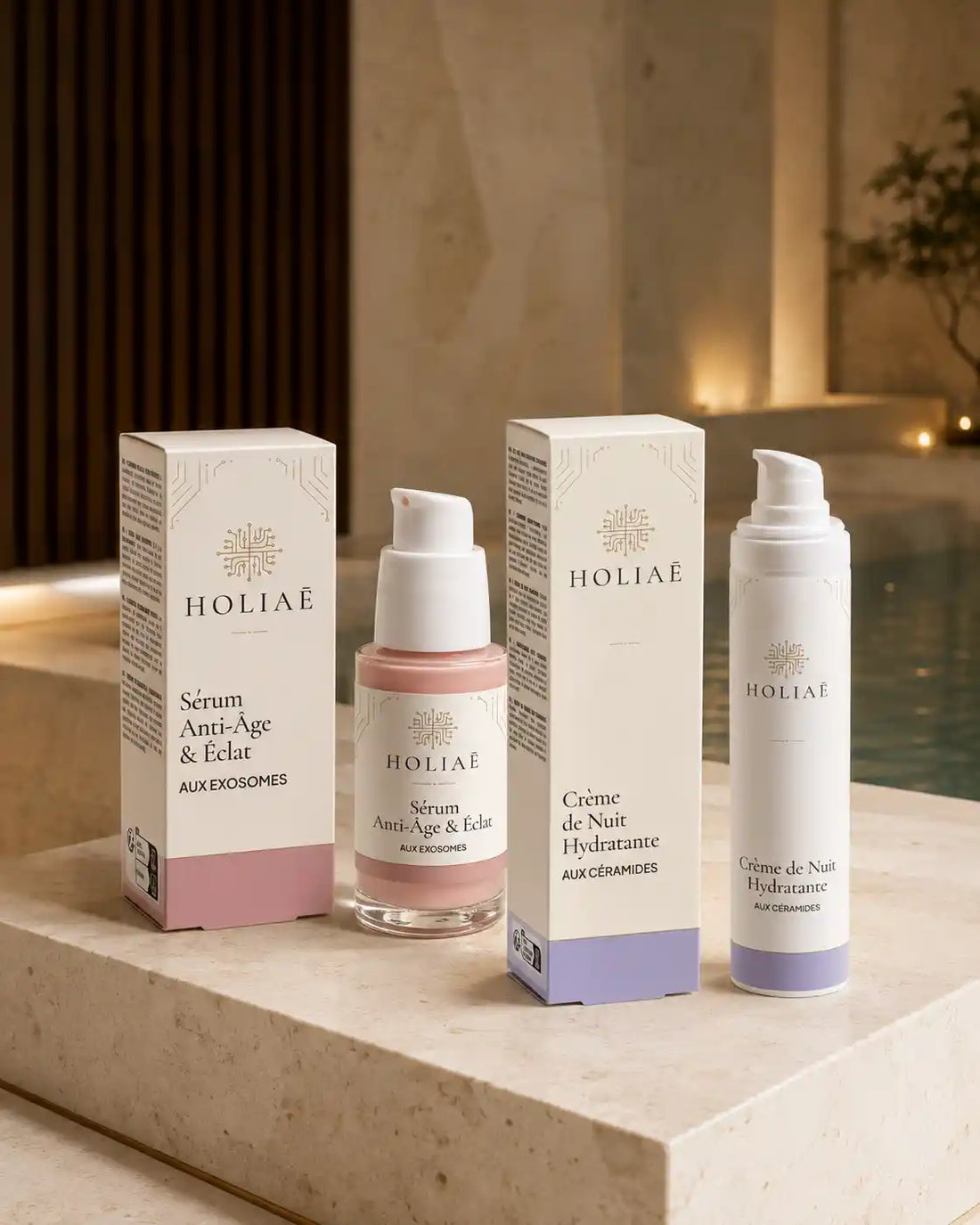 Routine Duo Peau Mature & Barrière HOLIAĒ dans une mise en scène spa