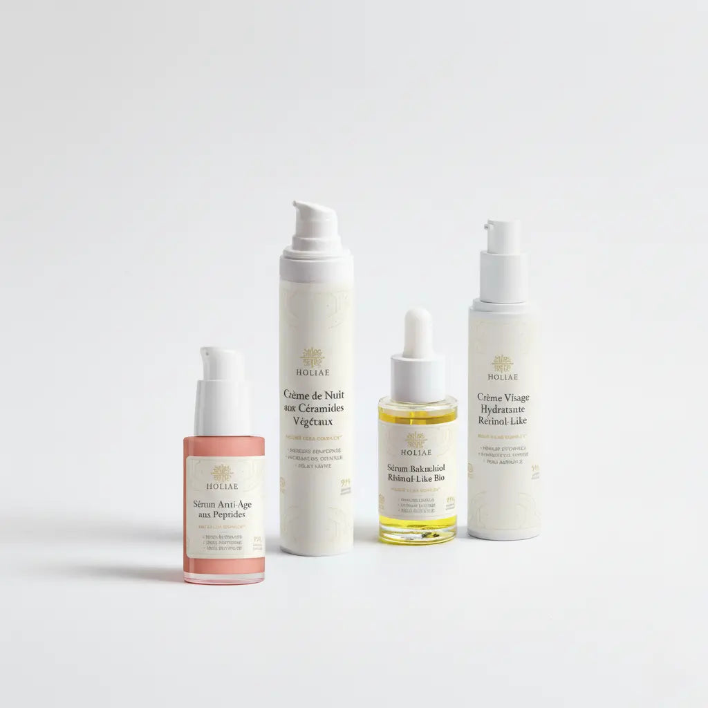 Routine skincare structurée anti-âge et fermeté composée de plusieurs soins visage, présentée en pack pour une utilisation jour et nuit.