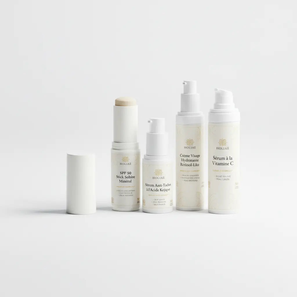 Routine skincare structurée anti-taches pour améliorer l’uniformité du teint, avec sérums ciblés et soin hydratant protecteur.
