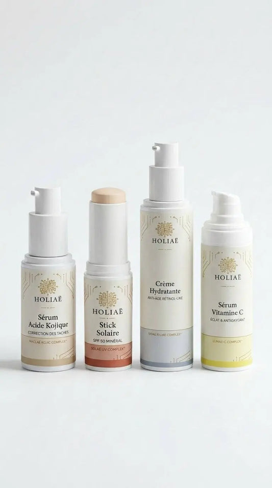 Routine skincare structurée anti-taches pour améliorer l’uniformité du teint, avec sérums ciblés et soin hydratant protecteur.