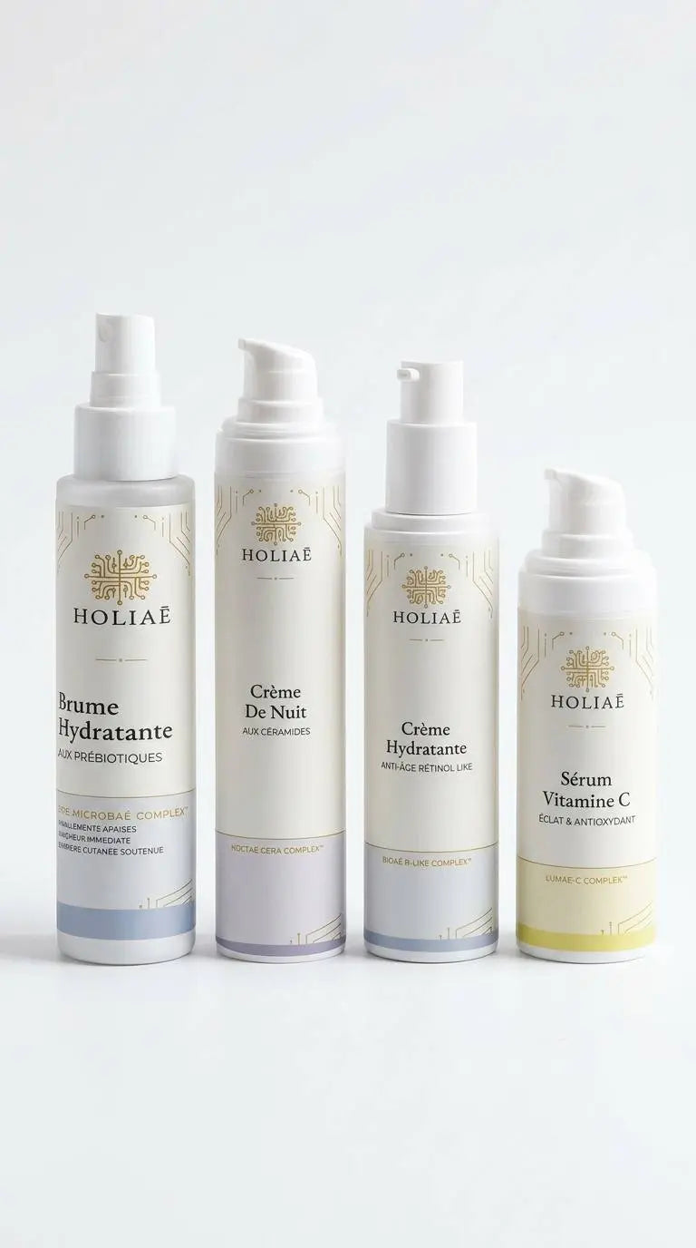Routine skincare structurée pour raviver l’éclat et lutter contre le teint terne, composée de soins visage complémentaires jour et nuit.