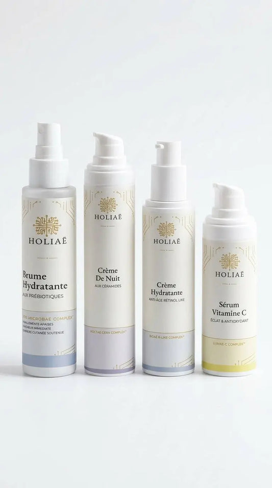 Routine skincare structurée pour raviver l’éclat et lutter contre le teint terne, composée de soins visage complémentaires jour et nuit.