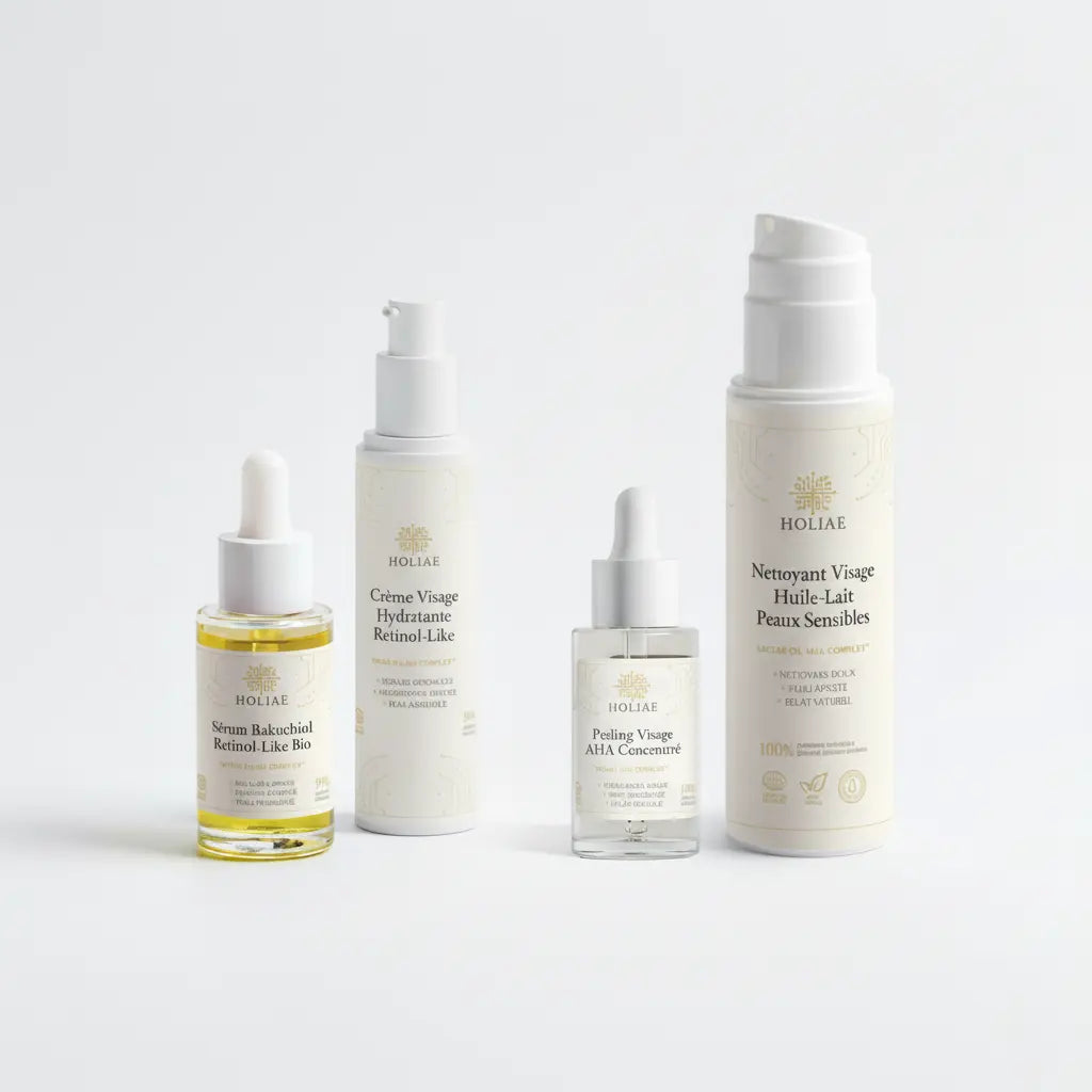 Routine skincare structurée pour imperfections, pores visibles et excès de sébum, avec nettoyant, soins ciblés et crème hydratante.