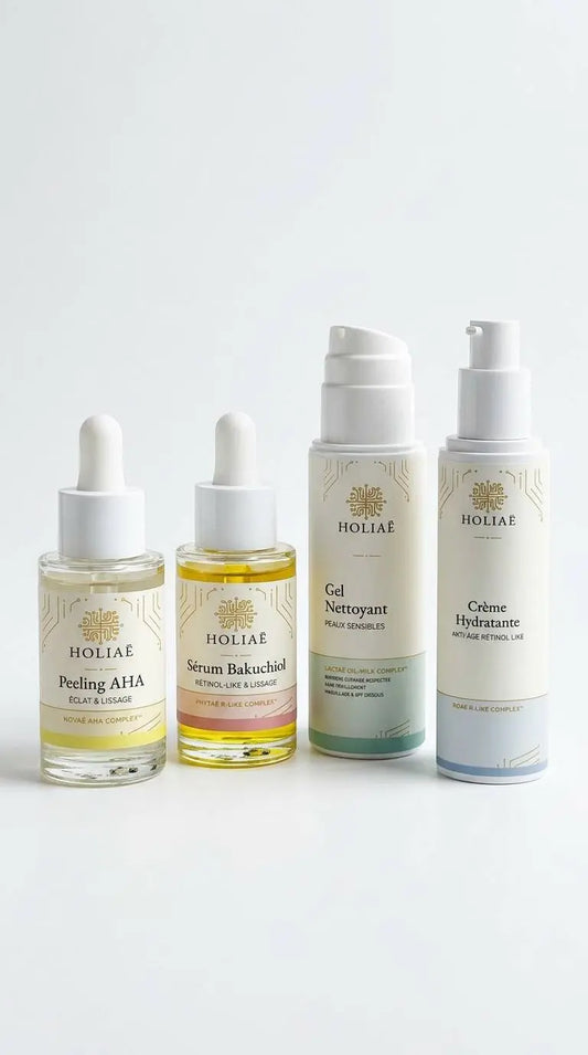 Routine skincare structurée pour imperfections, pores visibles et excès de sébum, avec nettoyant, soins ciblés et crème hydratante.