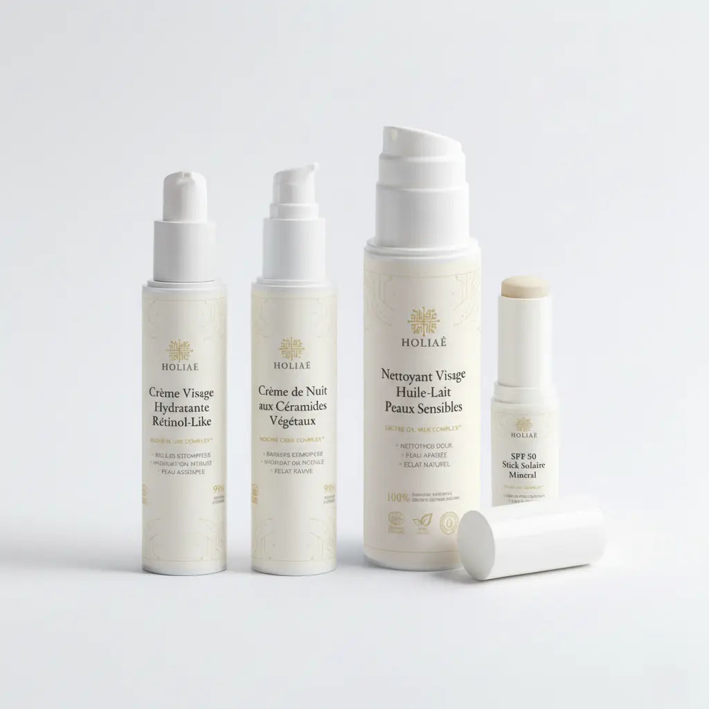 Routine skincare structurée pour peau sensible, conçue pour apaiser, nourrir et renforcer la barrière cutanée au quotidien.