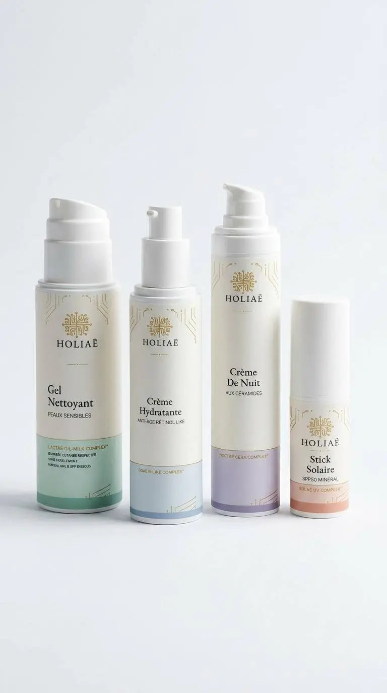 Routine skincare structurée pour peau sensible, conçue pour apaiser, nourrir et renforcer la barrière cutanée au quotidien.