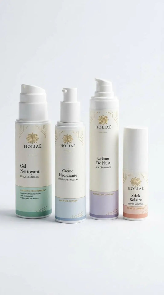 Routine skincare structurée pour peau sensible, conçue pour apaiser, nourrir et renforcer la barrière cutanée au quotidien.