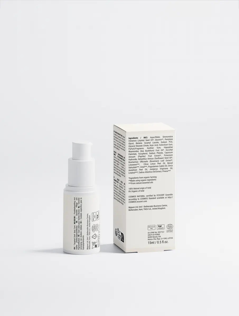 Sérum anti tache Holiaē à l’acide kojique, vue packaging et ingrédients, soin ciblé pour taches brunes