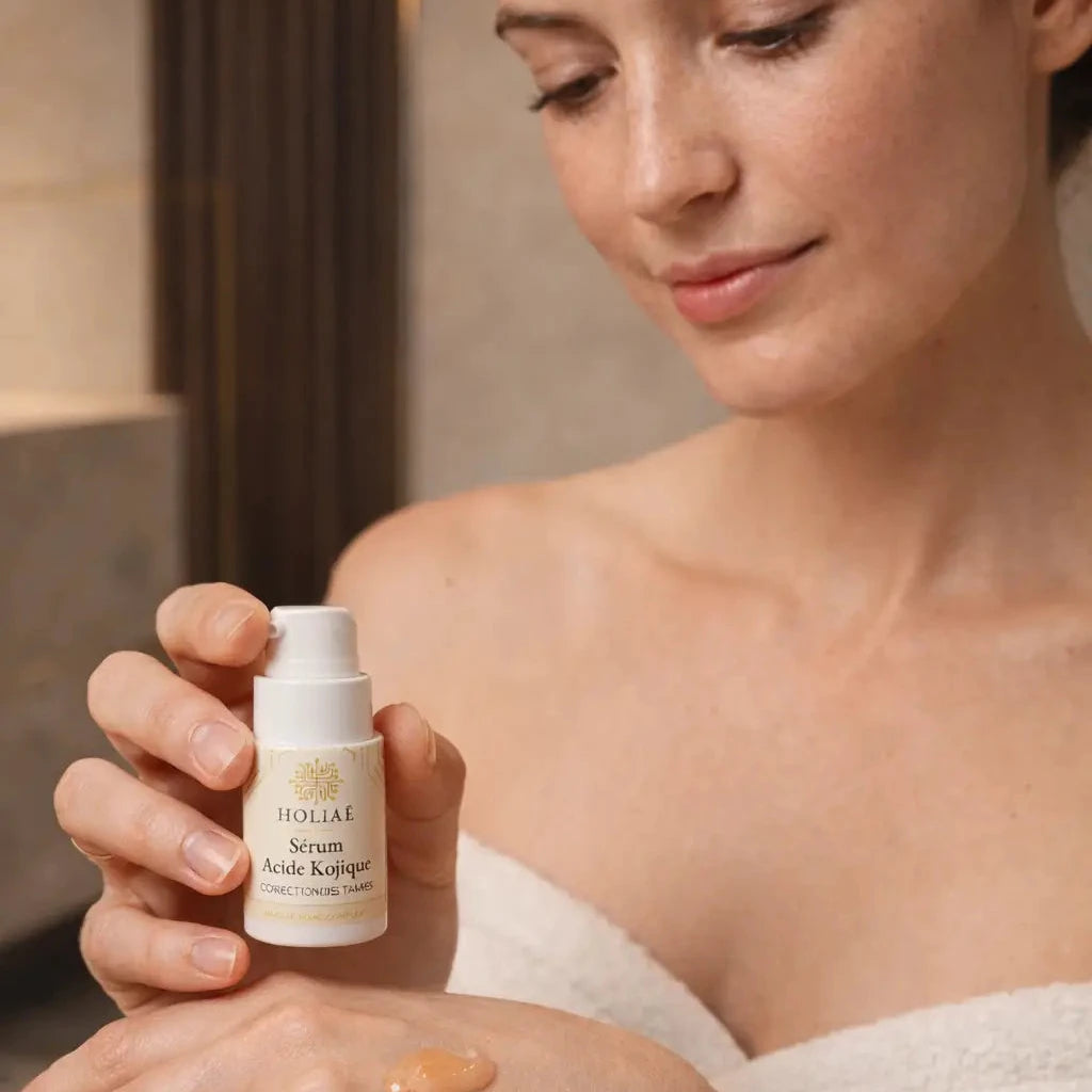 Application du sérum acide kojique Holiaē avec texture fluide pour unifier le teint