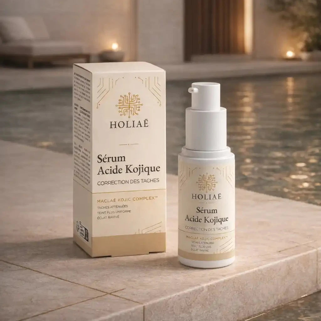 Sérum acide kojique Holiaē dans un spa luxueux pour corriger les taches et illuminer le teint