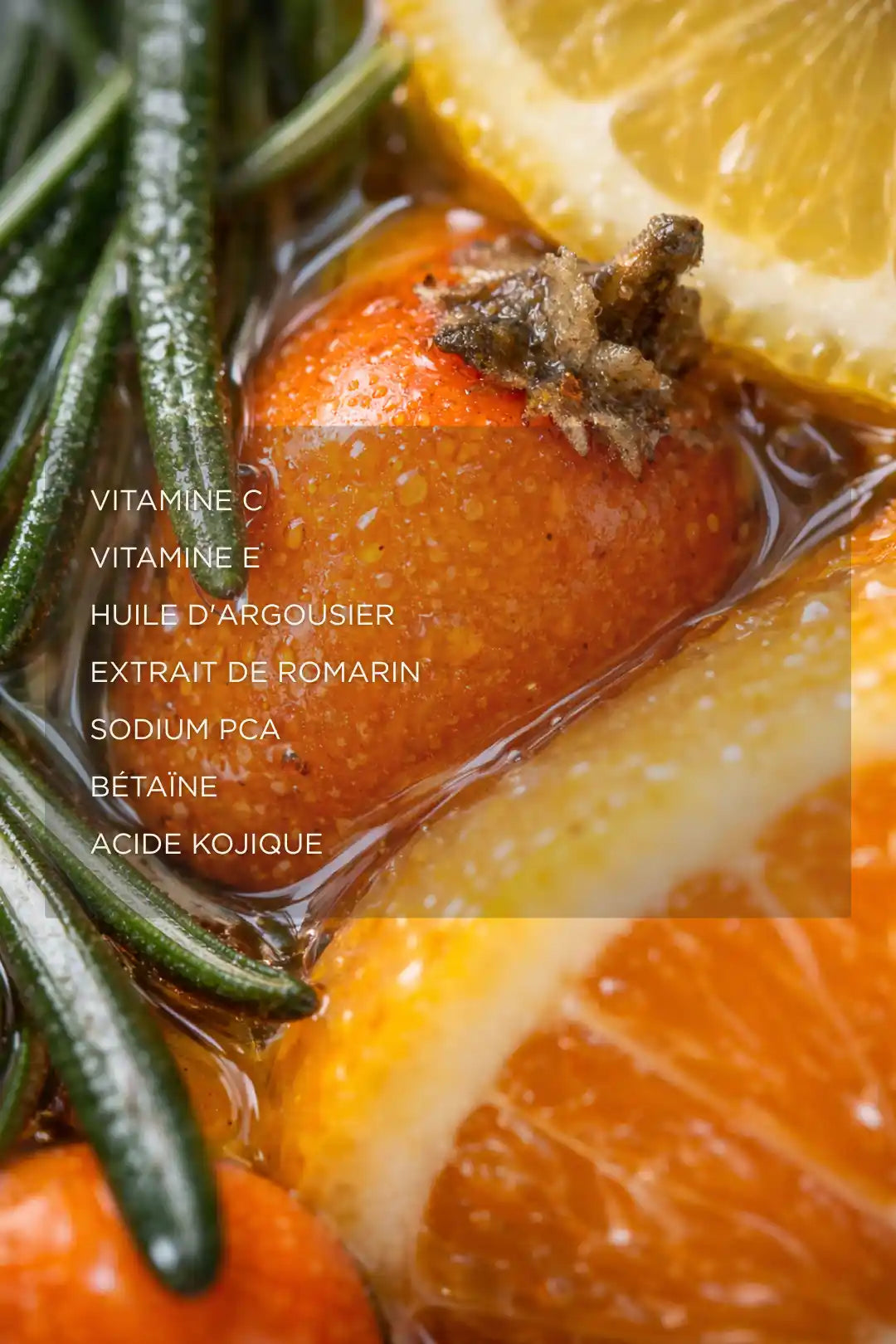 Ingrédients naturels du sérum acide kojique avec agrumes et actifs éclaircissants pour la peau