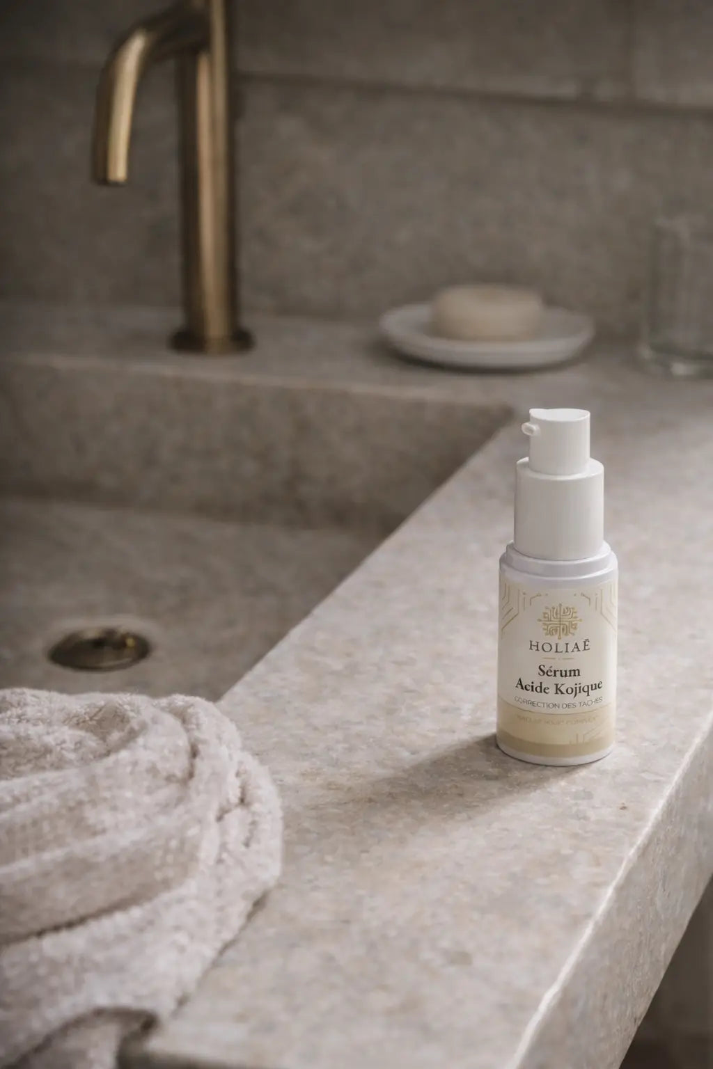 Sérum acide kojique Holiaē dans un univers spa haut de gamme pour routine skincare
