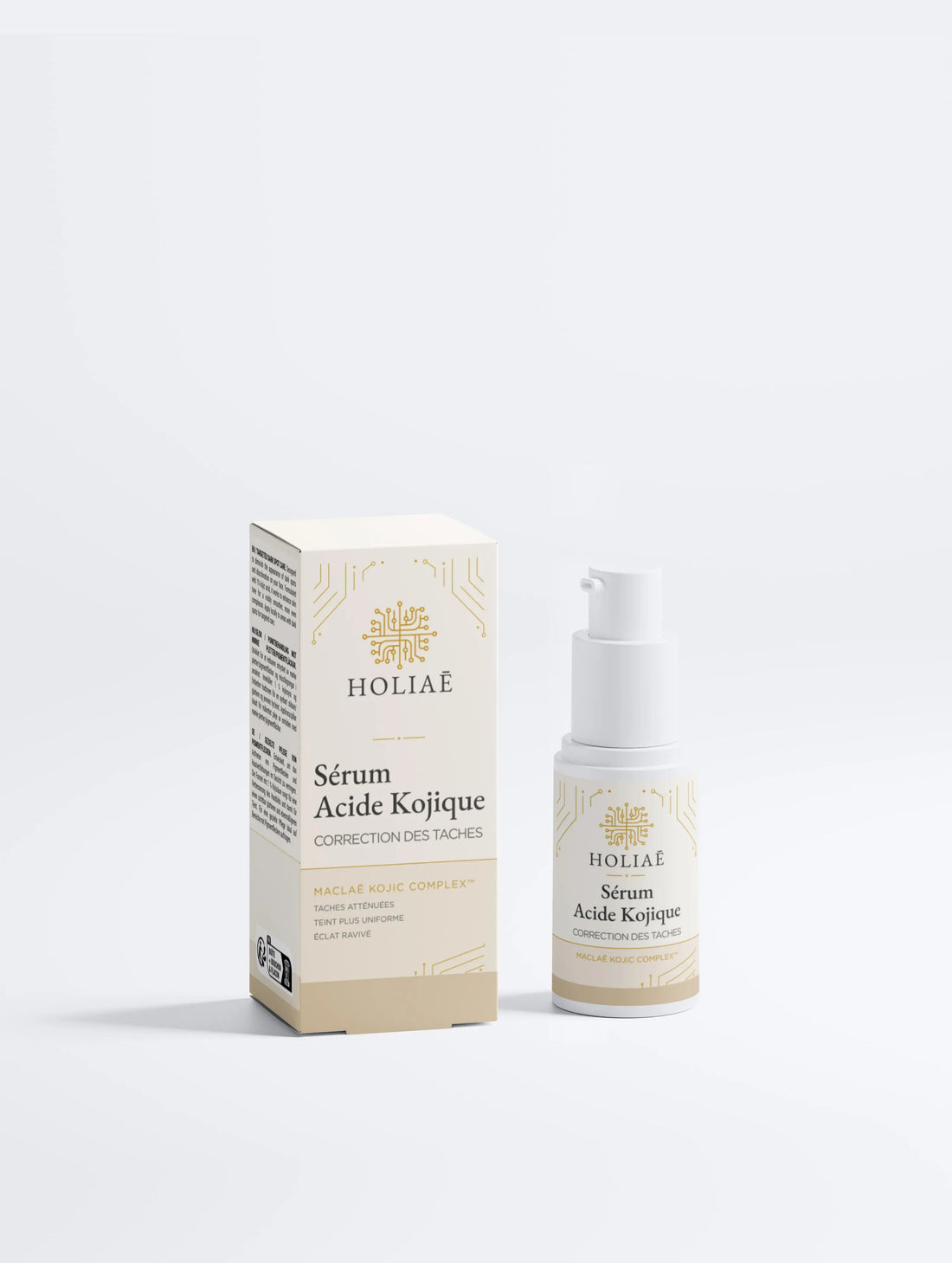 Sérum anti tache à l’acide kojique Holiaē avec packaging, soin visage pour réduire les taches brunes et unifier le teint