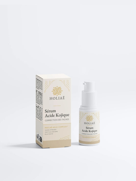 Sérum anti tache à l’acide kojique Holiaē avec packaging, soin visage pour réduire les taches brunes et unifier le teint