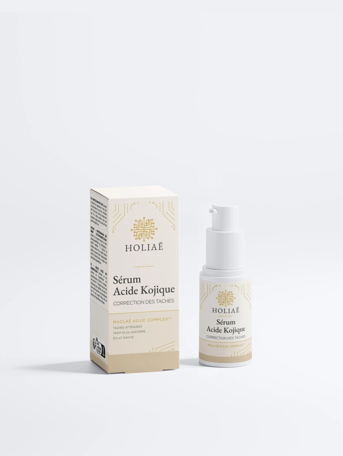 Sérum anti tache à l’acide kojique Holiaē avec packaging, soin visage pour réduire les taches brunes et unifier le teint