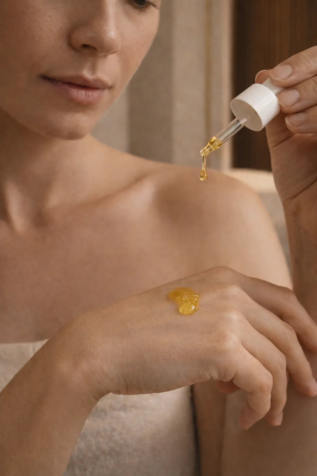 Application sérum bakuchiol sur la peau avec pipette, soin visage anti-age et éclat naturel