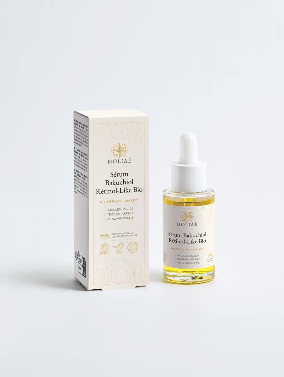 Sérum bakuchiol bio Holiaē avec boîte — Phytaē R-Like Complex™, soin anti-âge doux pour peaux sensibles.