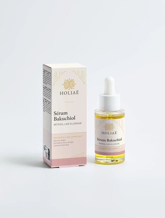 Sérum bakuchiol bio Holiaē avec boîte — Phytaē R-Like Complex™, soin anti-âge doux pour peaux sensibles.