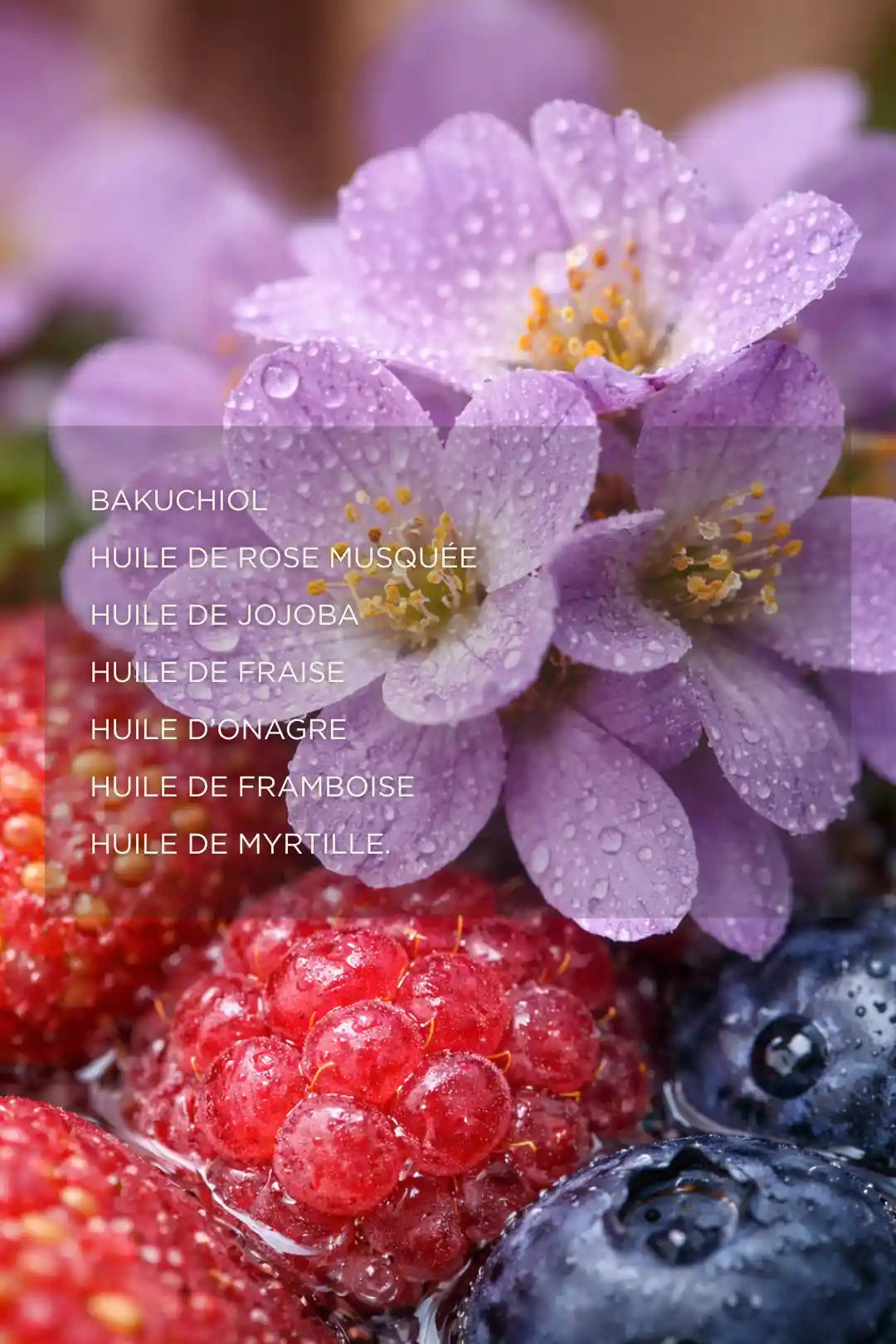 Ingrédients naturels riches en antioxydants pour sérum bakuchiol, fleurs et fruits pour soin visage éclat