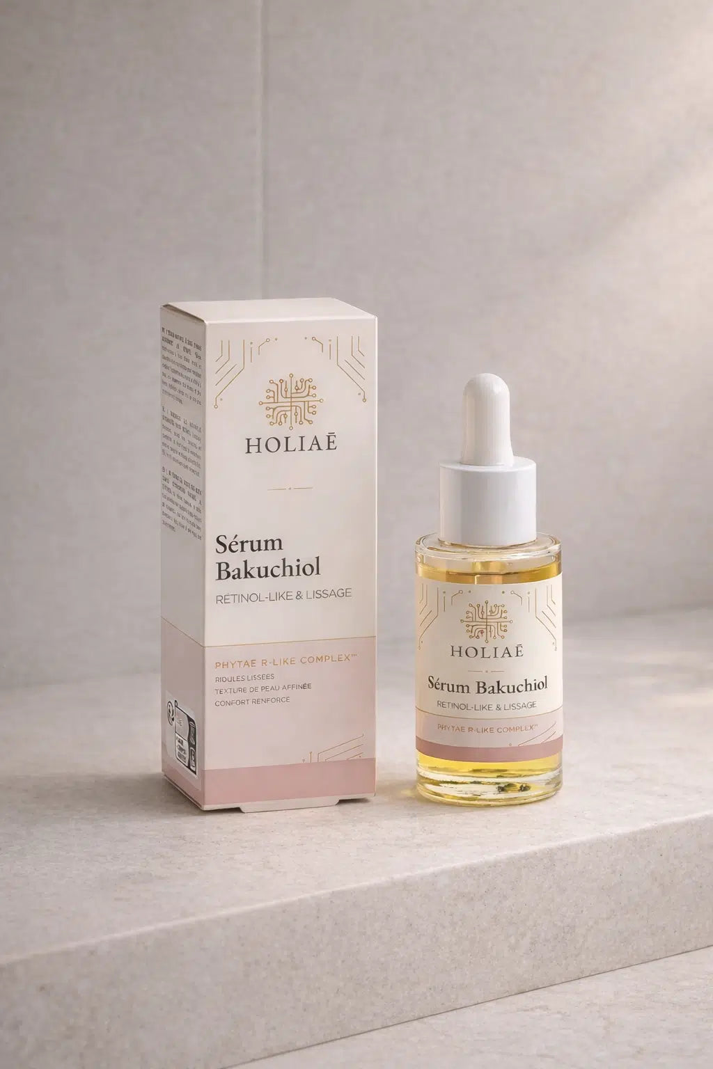 Sérum bakuchiol Holiaē avec packaging luxe, soin visage lissant effet retinol-like naturel